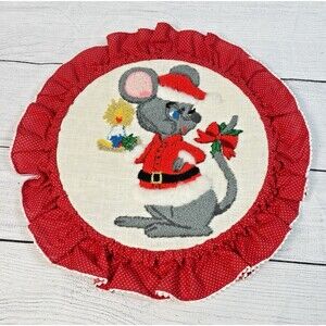 Vintage Completed Needle Punch Round Wall Hanger Christmas Mouse & Bells 14"